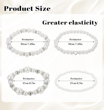 4Pcs Pearl Bracelet Stack, Fake White Pearl Bracelets for Women Dainty Beaded Jewelry Imitation Pearls, Stackable & Multilayered, Perfect for Bridesmaids, Silver & White