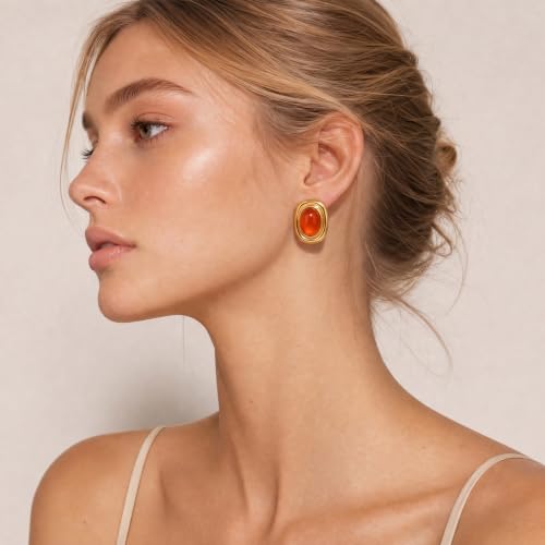 Chunky Gold Stud Earrings for Women 18K Gold Plated Hypoallergenic Chunky Statement Earrings Big Natural Crystal Stone Earring Gift for Women - color: Carnelian