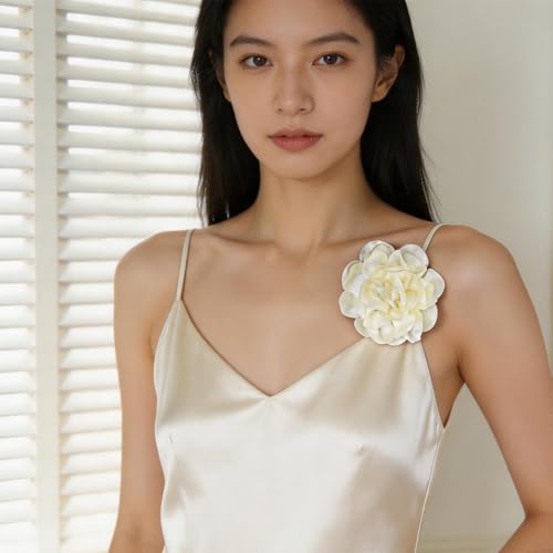Dainty Satin Fabric Rose Flower Brooches 7.5in Extra Large Big Camellia Flower Brooches Lapel Pins for Women Wedding Party Dance Dress Clothes Accessories - color: Beige