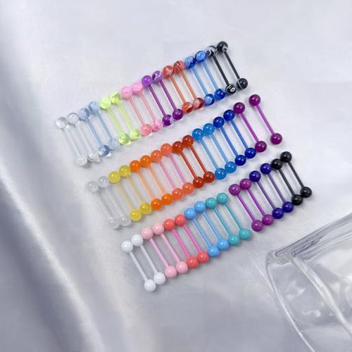 48Pcs 14G Flexible Acrylic Tongue Ring Straight Tongue Barbell | Glow in Dark Plastic Candy Color Tongue Piercing Jewelry for Women Men 16mm Bar