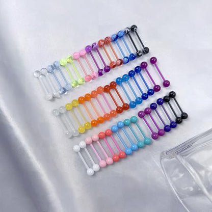 48Pcs 14G Flexible Acrylic Tongue Ring Straight Tongue Barbell | Glow in Dark Plastic Candy Color Tongue Piercing Jewelry for Women Men 16mm Bar