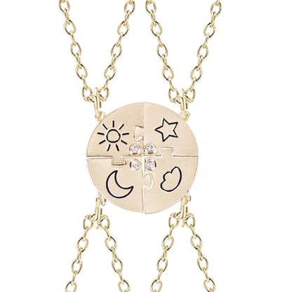 3pcs Friendship Moon Sun Star Puzzle Matching Necklace Set Gold Silver Plated Cute Crescent Round Circle Geometric Best Friend BFF Pendant Necklace for 3 Women Sisters Daughter Birthday Jewelry Gifts - color: 4pcs gold necklace