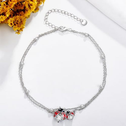 POPLYKE Frog/Pearl/Dragonfly/Ladybug/Highland Cow/Pearl/Moonstone Anklets Sterling Silver Double Layered Chain Beach Anklets for Women Foot Jewelry - style: Ladybug Anklets