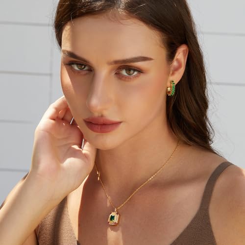 Green Crystal huggie gold hoop earrings for women Girls,14K Gold Plated with 925 Sterling Silver Post color Cubic Zirconia dainty cute Earrings| CZ Stud Earring - color: Green stone