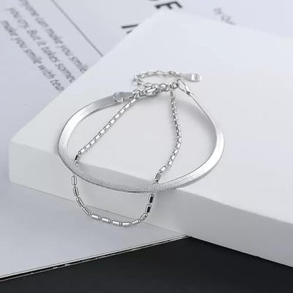 Double Layer Chain Bracelet for Women - Dainty Layered Snake Chain Link Bracelets - Minimalist Adjustable Ankle Bracelet Jewelry Gifts