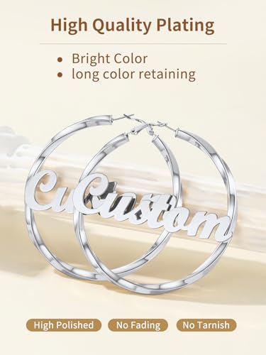 FindChic Twisted Hoop Earrings for Women, Silver/Black/14K Gold Plated Hypoallergenic Hollow Tube Rounded Loop Earrings, 30mm/40mm/60mm/80mm Hoops with Custom Name Options and Gift Box - color: e.Silver (Custom Name), size: 80MM