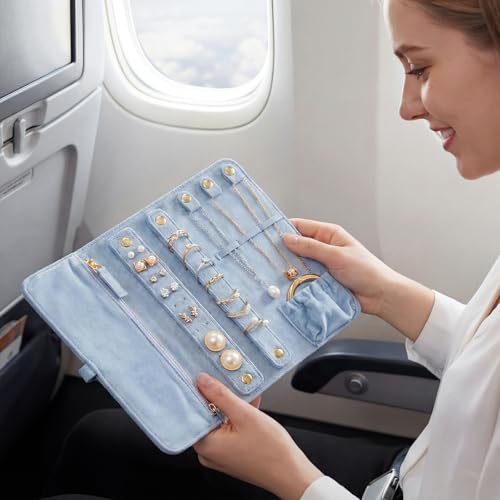 Tondiamo 1 Pcs Velvet Jewelry Roll Luxury Travel Jewelry Case for Ring Necklace Earring Bracelet Storage Bag Women Bridesmaid Gift (Light Blue) - color: Light Blue