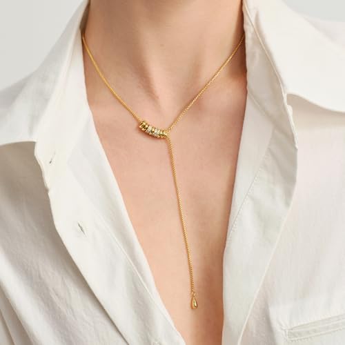 ARSIS Lariat Long Gold Necklace for Women, 18K Gold/Platinum Plated Y-Shaped Drop Dangle Pendant Necklace, Long Adjustable Pull Slider Chain Jewelry Gift for Her - color: Gold-teardrop slider