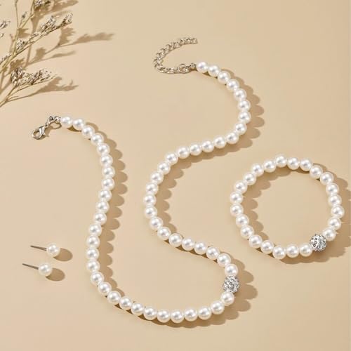 Pearl Bride Wedding Jewelry Set Faux Pearls Necklace Earrings Bracelet Sets for Women Bridesmaid Wedding(3 PCS) (White-Round)