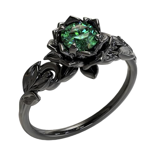 Cubic Zirconia Rings For Women, Gothic Ring Black Flower Crystal Stackable Trendy Floral Eternity Travel Engagement Statement Wedding Birthday Jewelry Gift - color: Goth Black Green