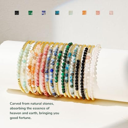 Kainier Gold Beaded Bracelets for Women 2Pairs 14K Gold Plated Stretch Bracelet Set Stackable Tarnish Dainty Natural Stone Bead Bracelets Gift - color: Aventurine