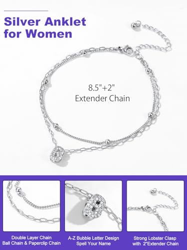 Richsteel Initial Ankle Bracelets for Women Waterproof, 14K Gold Plated/Silver Stainless Steel Anklets, Dainty Adjustable Layered Anklets with Bubble Letter, Non Tarnish Summer Beach Jewelry with Gift Box - color: B-Silver