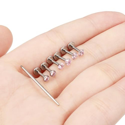 20G 18G 16G F316 Titanium Flat Back Nose Rings Studs Hypoallergenic Screw on Tragus Helix Cartilage Earrings Stud Piercing Jewerly for Women Men Bars 6mm - style: 16G Flat Back Nose Studs-bars 6mm-Pink CZ