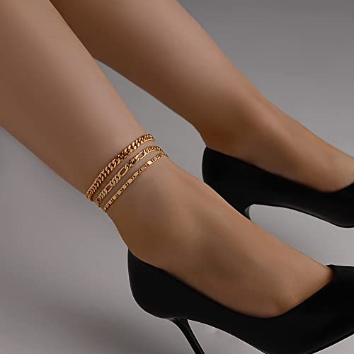 YANODA 3Pcs Gold Ankle Bracelets for Women Dainty 14k Gold Plated Layering Anklets Set Adjustable Fashion Link Chain Ankle Bracelet Adjustable Beach Foot Jewelry Gifts for Women - color: YP Mariner+Cuban(L)+Figaro