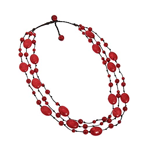 AeraVida Amazing Triple Layer Reconstructed Red Coral on Cotton Rope Statement Necklace | Red Coral Statement Necklace for Women | Triple Layer Red Coral Necklace