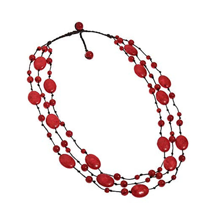 AeraVida Amazing Triple Layer Reconstructed Red Coral on Cotton Rope Statement Necklace | Red Coral Statement Necklace for Women | Triple Layer Red Coral Necklace