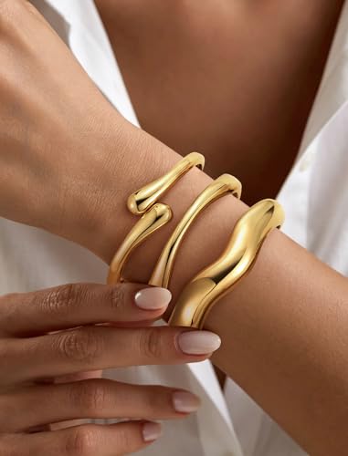 Chunky Gold Bangle Bracelets for Women – 14k Gold Plated | Cuff Bangles, Stackable Bracelet Set, Wide Trendy Fashion, Jewelry Gift - color: 03-Gold-3pcs