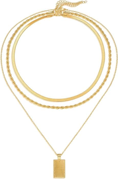 Evabelle Gold Layered Necklace for Women Trendy Jewelry 14K Real Gold Plated Chunky Chain Stackable Necklaces Dainty Choker Necklaces Rectangle Square Pendant - color: Gold Necklace 02
