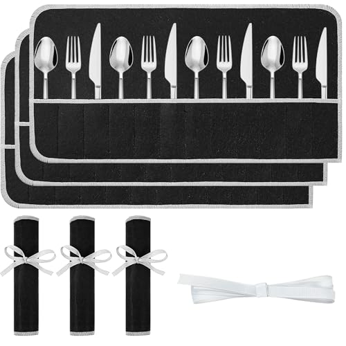 3 Pcs Silver Storage Bags Roll,Anti Tarnish Silverware Storage,with White Ribbon, 12 Slot Silver Storages, Cutlery Sleeves Bags for Kitchen Utensil Teaspoon, Stiff Fabric