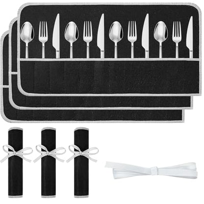 3 Pcs Silver Storage Bags Roll,Anti Tarnish Silverware Storage,with White Ribbon, 12 Slot Silver Storages, Cutlery Sleeves Bags for Kitchen Utensil Teaspoon, Stiff Fabric