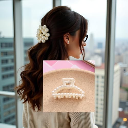 1Pc White Large Hair Clip for Thick Hair, Girls Claw,Big Hair Clips Hair Claws for Thin, Hair Claws Clips For Hair,Faux Pearl Claw Clips,Neutral Hair Clips Large Jaw Clip