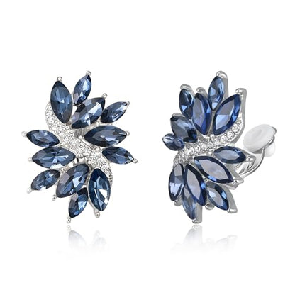 EVER FAITH Sparkly Rhinestone Clip-on Earrings for Women Bride, Fashion Marquise Crystal Cluster Wedding Bridal Stud Earring for Prom Formal Party - color: Sapphire Blue Silver-Tone