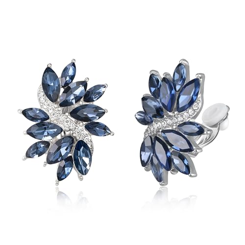 EVER FAITH Sparkly Rhinestone Clip-on Earrings for Women Bride, Fashion Marquise Crystal Cluster Wedding Bridal Stud Earring for Prom Formal Party - color: Sapphire Blue Silver-Tone