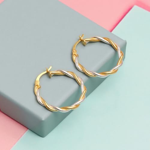LeCalla Real 925 Sterling Silver Textured Two-Tone Three-Tone 14K Gold Plated Lightweight Italian Design Hoop Earrings for Women Diameter 25,30,40,45,50mm - color: Two-Tone Small-30mm