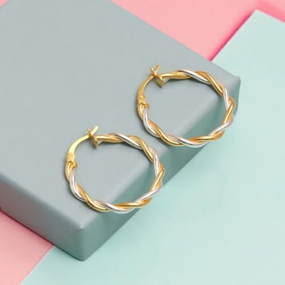 LeCalla Real 925 Sterling Silver Textured Two-Tone Three-Tone 14K Gold Plated Lightweight Italian Design Hoop Earrings for Women Diameter 25,30,40,45,50mm - color: Two-Tone Small-30mm