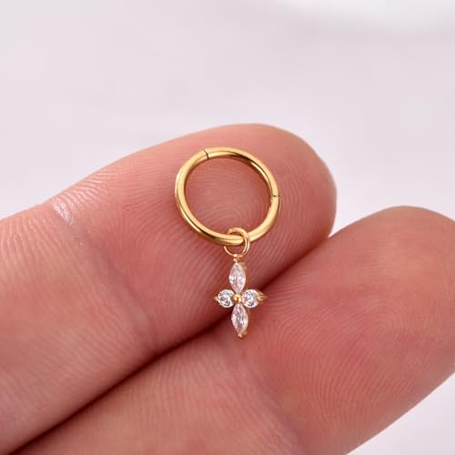 Ourania 16G Gold Stainless Steel Zircon Dangle Huggie Hoop Rook Piercing Helix Hoop Earring Tragus Hoop Cartilage Piercing for Women - color: Flower Gold 2PCS, size: 1.2*8mm 2pcs