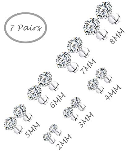 7 Pairs 18G 20G Stainless Steel Stud Earrings Round Cubic Zirconia Barbell Earring Set For Men Women 2MM-8MM Silver Tone - style: B:7 Pairs,Flat Backs,20G