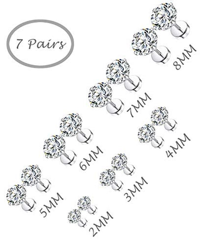 7 Pairs 18G 20G Stainless Steel Stud Earrings Round Cubic Zirconia Barbell Earring Set For Men Women 2MM-8MM Silver Tone - style: B:7 Pairs,Flat Backs,20G