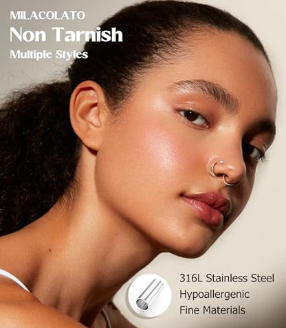 MILACOLATO 14K Gold Filled Nose Ring Studs 20G Nose Ring Hoops Hypoallergenic 316L Surgical Stainless Steel Nose Rings L Shaped CZ Nose Nostril Piercing Jewelry for Women Men 10Pcs - color: Sliver