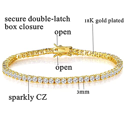 Tennis Bracelet for Women 3mm Cubic Zirconia 18K White Gold/Yellow Gold Plated - color: Gold, size: 3mm
