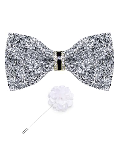 DiBanGu Mens Rhinestone Bow Tie with Ring and Lapel Pin Set | Adjustable Strap,Pre-tied Style,3PCS,Sequin Diamond Bowties，Solid/Mix Color,Shiny Accessory,for Party Prom Banquet Wedding - color: Silver