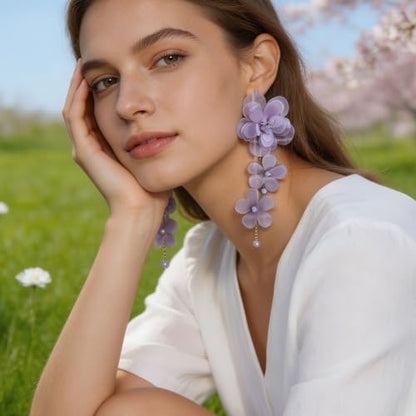 Flower Earrings for Women Long Fabric Flower Tassel Earrings Bohemian Handmade Floral Statement Earring Wedding Prom Jewelry Gifts - color: A6:purple