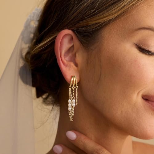 14K Gold Plated Dangle Earrings for Women, Dainty Hoop Huggie Studs, Long Hanging Tassel Chain Multi Pierced Ear Stacking Jewelry Gifts - color: Pearl Dangle-Gold