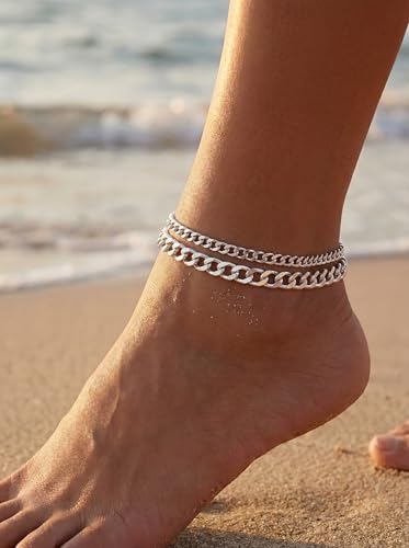 Tewiky Chunky Ankle Bracelets for Women,Dainty Layered Waterproof Anklet for Women Adjustable Cuban Set Stackable Cute Summer Beach Jewelry Gift - color: silver