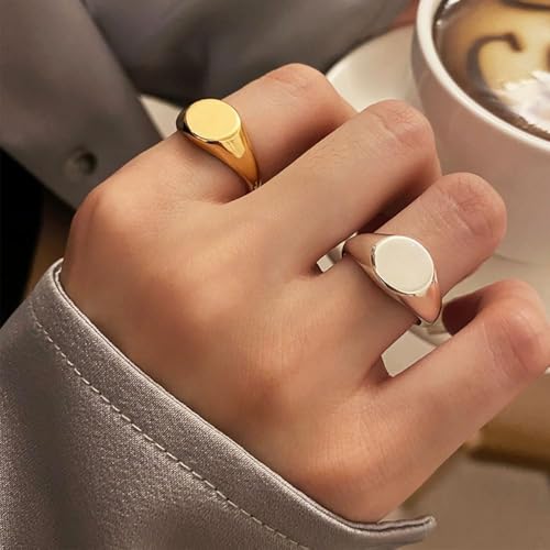 MYNENEY Stainless Steel Round Shape Classical Simple Plain Wedding Engagement Statement Pinky Band Signet Rings for Men Women Size 4-15 - color: Gold