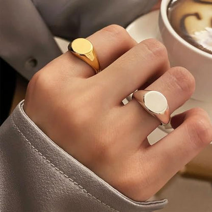 MYNENEY Stainless Steel Round Statement Pinky Signet Rings for Men Women - color: Silver