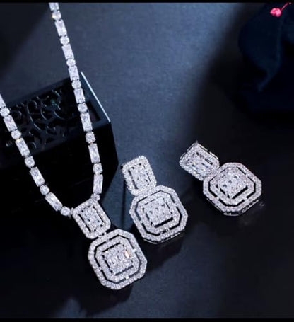 Cubic Zirconia Double Halo Pendant Necklace and Drop Earrings Jewelry Set, Silver-Tone, Baguette Cut