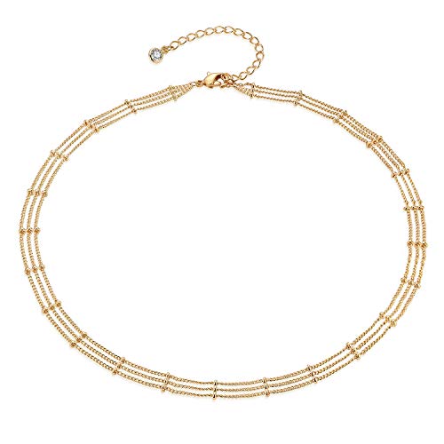 MEVECCO Dainty Choker Necklaces for Women, Beaded and Multi-Row Chains | 14K Gold Plated Brass, Select Silver Plated Brass Options, Polished And Textured Profiles For Everyday Styling - style: Three Layered Bead Chain GD
