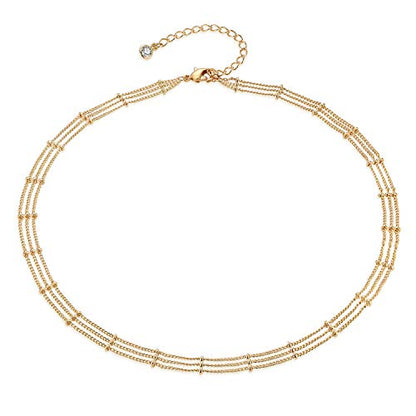 MEVECCO Dainty Choker Necklaces for Women, Beaded and Multi-Row Chains | 14K Gold Plated Brass, Select Silver Plated Brass Options, Polished And Textured Profiles For Everyday Styling - style: Three Layered Bead Chain GD