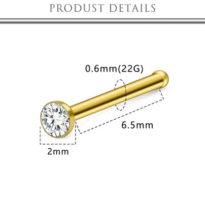 Hoeudjo Nose Studs Surgical Steel Cubic Zirconia Nose Rings Kit for Women Men Tiny Nose Stud Bone & Screw & L Shaped Nostril Piercing Jewelry 18/20/22/24 Gauge 10 Pieces - color: gold-tone,nose bone studs, size: 22g/2mm clear CZ