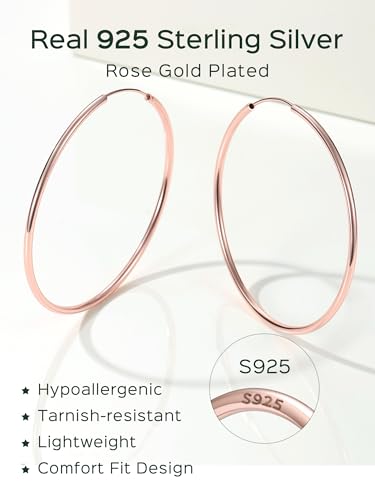 ChicSilver 925 Sterling Silver Hoop Earrings for Women Hypoallergenic, Lightweight Large Gold Plated Silver Hoop Earrings, Endless Hoops Earring 20/30/40/50/60/70MM - color: A. High Polished Rose Gold, size: 60mm