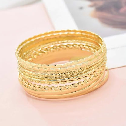 12PCS Sterling Silver Bangle Bracelets for Women Stack Chunky Indian MultiLayer Stackable Textured Boho Simple Delicate Jewelry Set Non Tarnish Birthday Gifts for Women Her