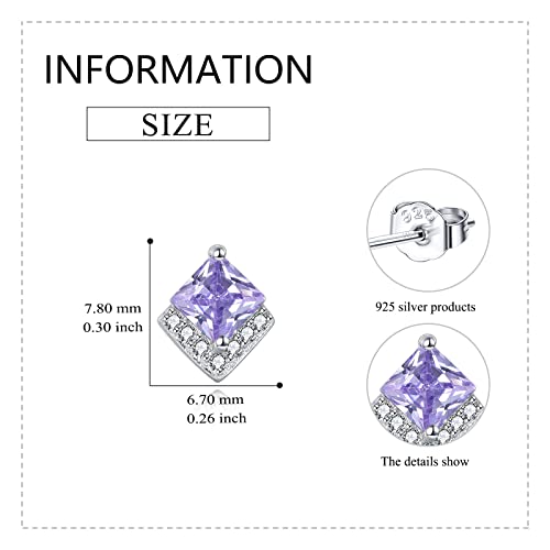 Birthstone Stud Earrings Sterling Silver Square Created Crystal Earrings Cubic Zirconia Hypoallergenic Piercing Jewelry Small Gifts for Women Mothers - color: Jun-Light Amethyst