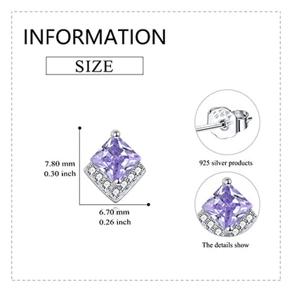 Birthstone Stud Earrings Sterling Silver Square Created Crystal Earrings Cubic Zirconia Hypoallergenic Piercing Jewelry Small Gifts for Women Mothers - color: Jun-Light Amethyst