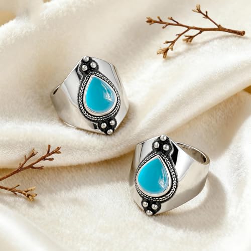 Natural Waterdrop Stone Wide Band Ring,Sterling Silver Genuine Teardrop Crystal Quartz Gemstone Statement Wide Chunky Full Finger Band Ring for Women - color: A02_Aquamarine