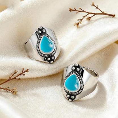 Natural Waterdrop Stone Wide Band Ring,Sterling Silver Genuine Teardrop Crystal Quartz Gemstone Statement Wide Chunky Full Finger Band Ring for Women - color: A02_Aquamarine